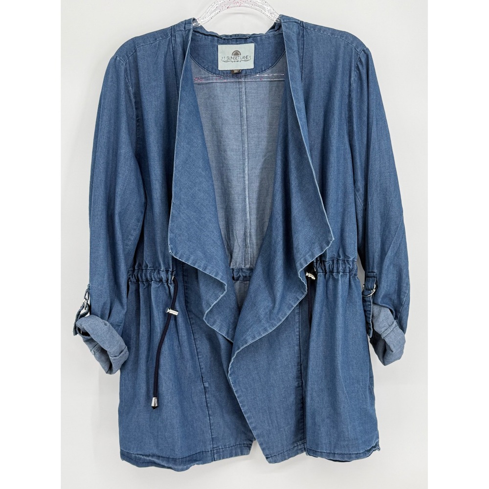 1 Sunset Lane Womens Blue Denim‎ Draped Open Drawstring Utility Jacket Sz XL